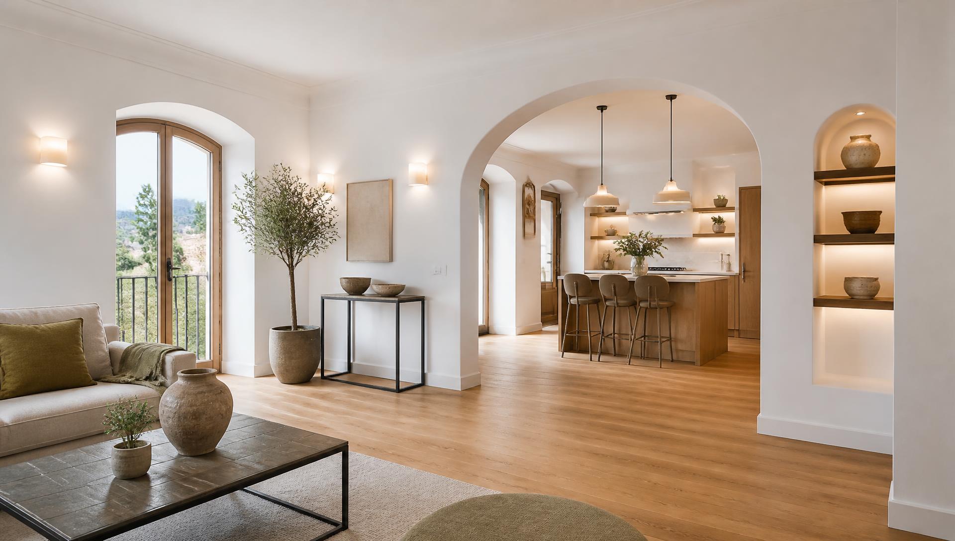 Interior de vivienda reformada en Granada con salón luminoso y cocina abierta