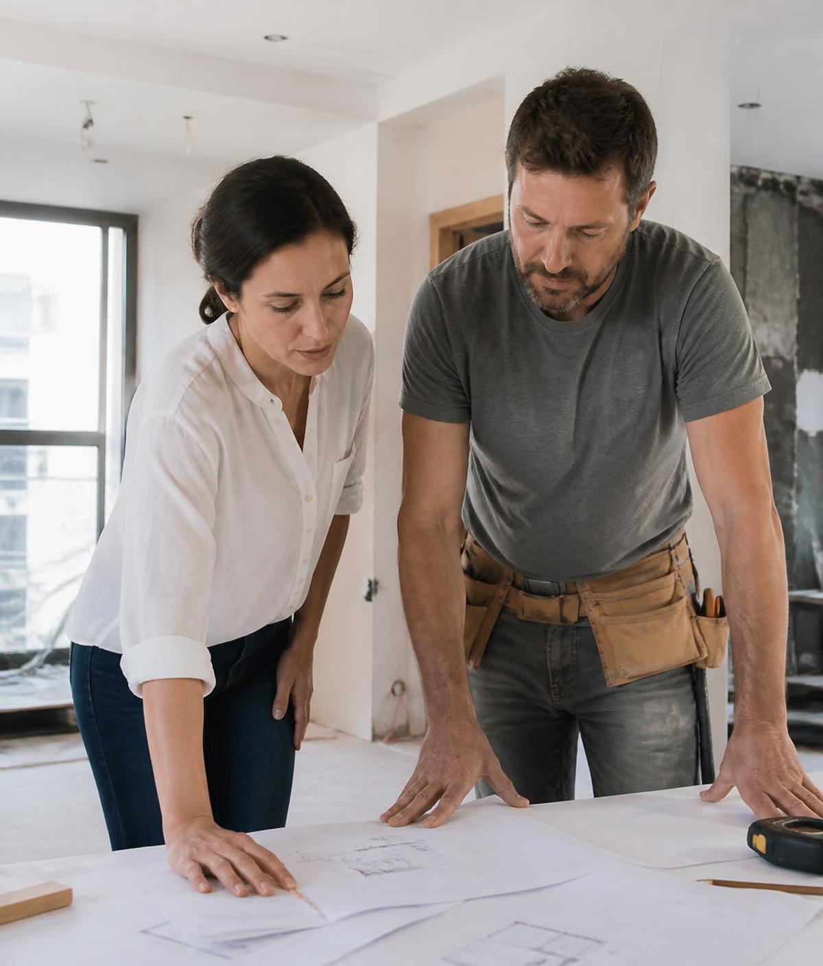 Profesionales revisando los planos de una reforma en una vivienda