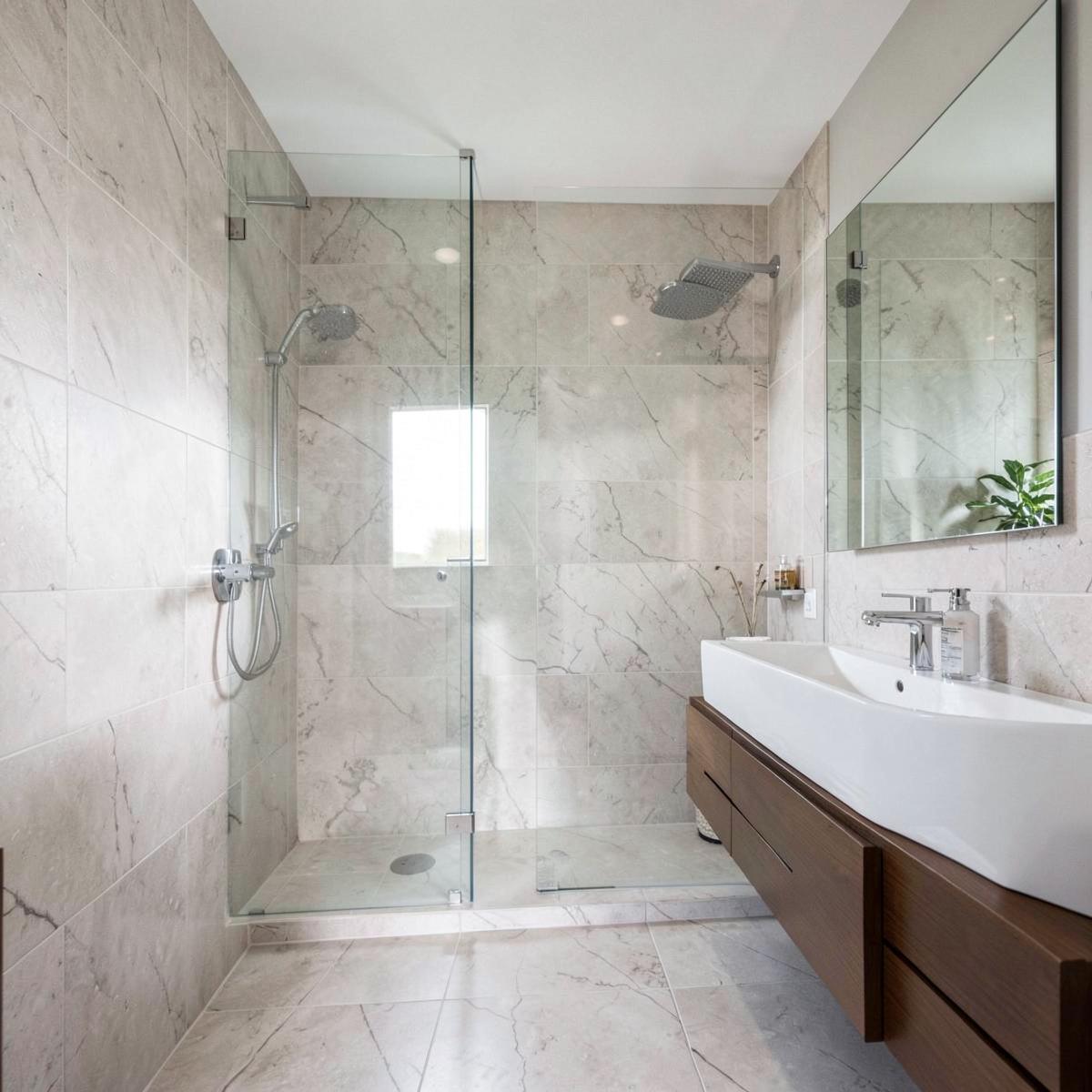 Baño reformado con ducha de obra, mampara de cristal y mueble suspendido