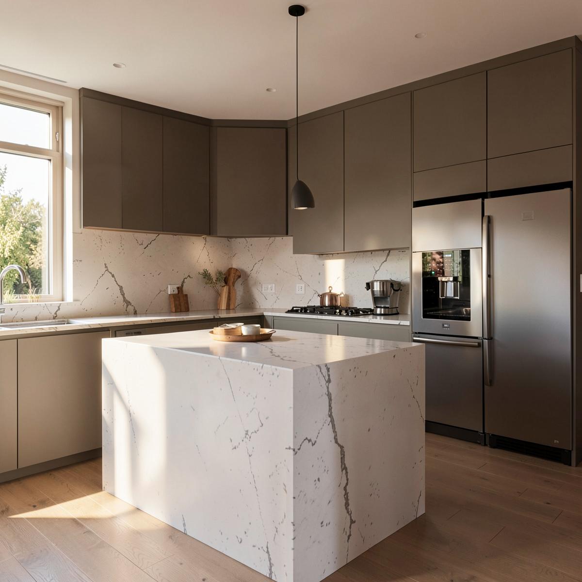 Cocina moderna reformada con isla de piedra y muebles sin tiradores