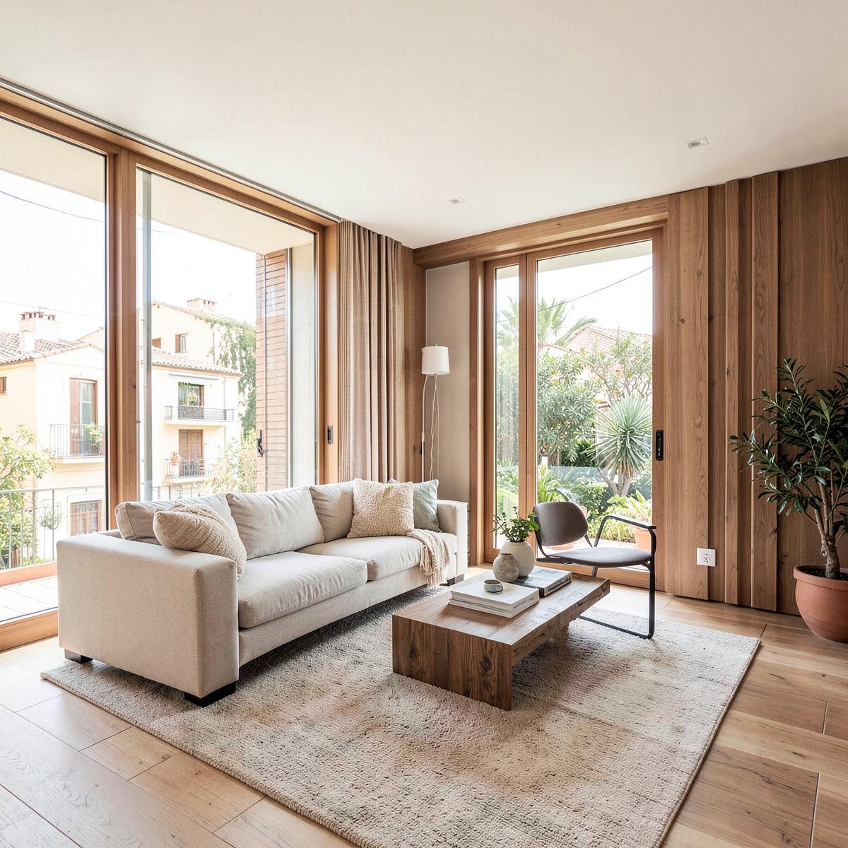 Salón luminoso reformado con grandes ventanales y suelo de madera